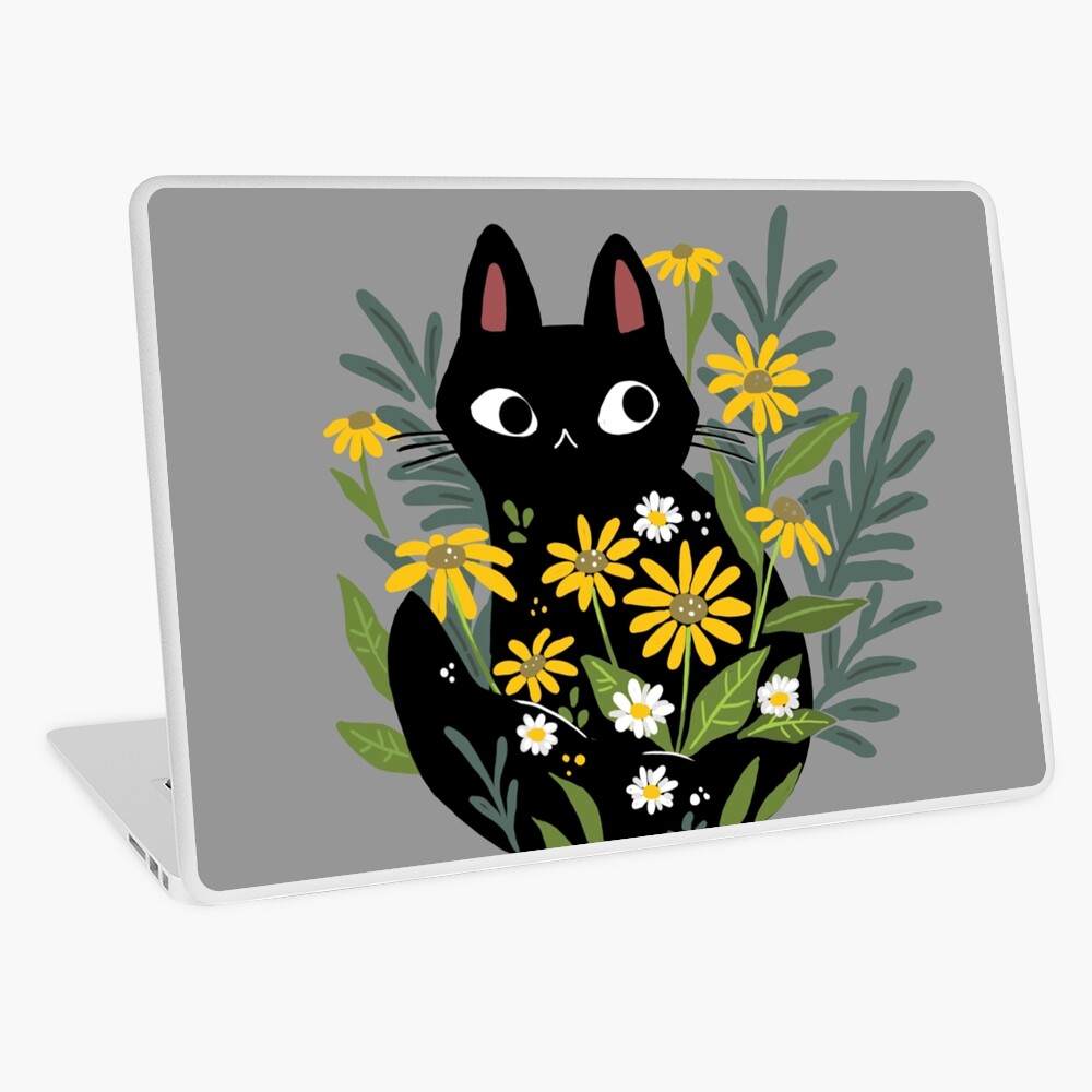 Black cat with flowers Laptop Skin