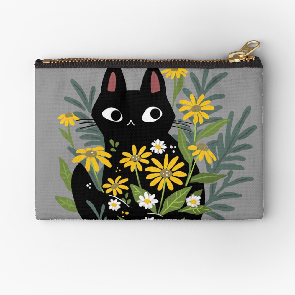 Black cat with flowers Zipper Pouch