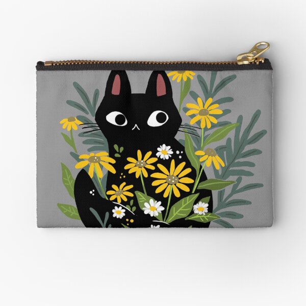 Black cat with flowers Zipper Pouch