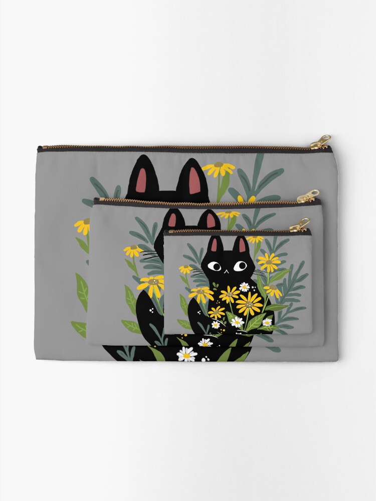 Alternate view of Black cat with flowers Zipper Pouch