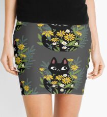 Black cat with flowers Mini Skirt