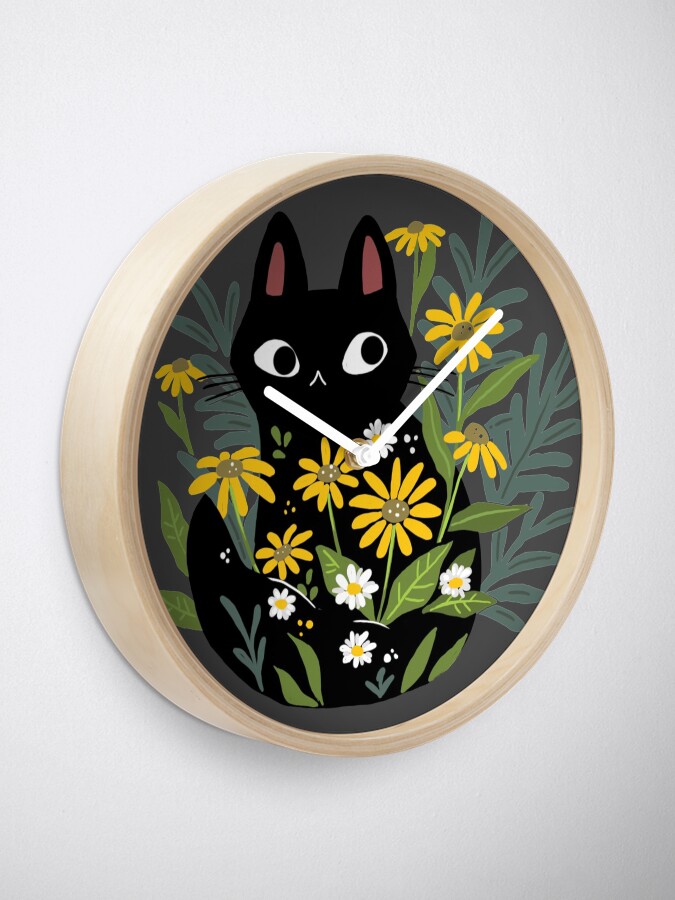 Alternate view of Black cat with flowers Clock