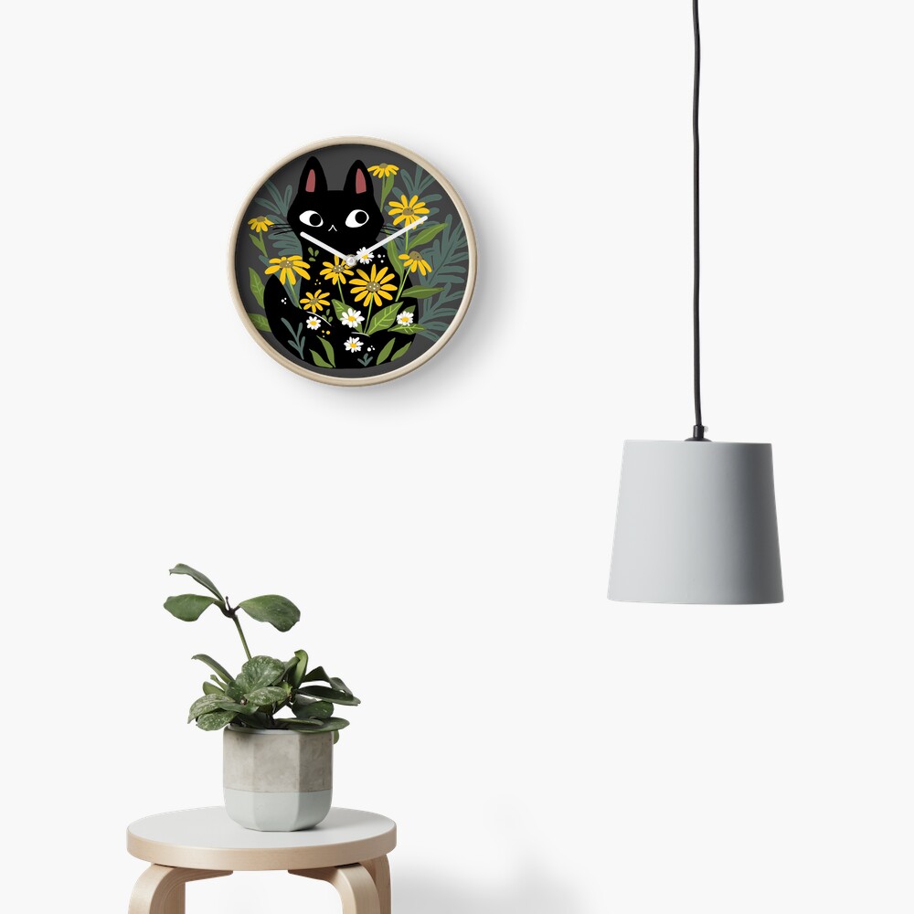 Black cat with flowers Clock