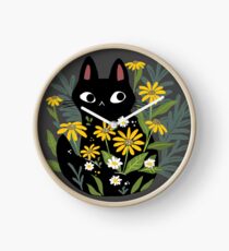Black cat with flowers Clock