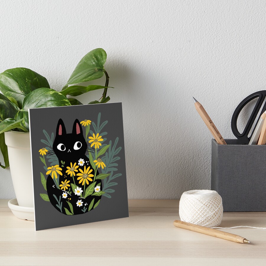 Black cat with flowers Art Board Print