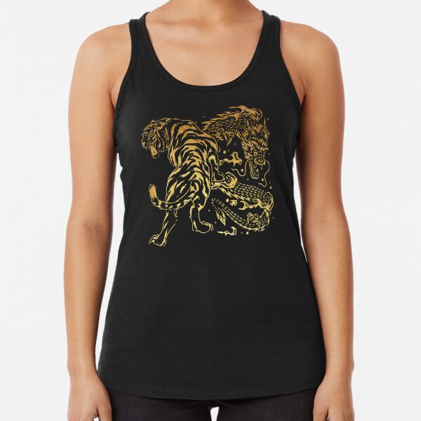 Vista previa del artículo con la obra «Tigre y dragón Yin Yang estilo tatuaje estampado dorado», diseñado y vendido por SoccaTamam.