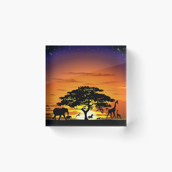Wild Animals on African Savanna Sunset Acrylic Block