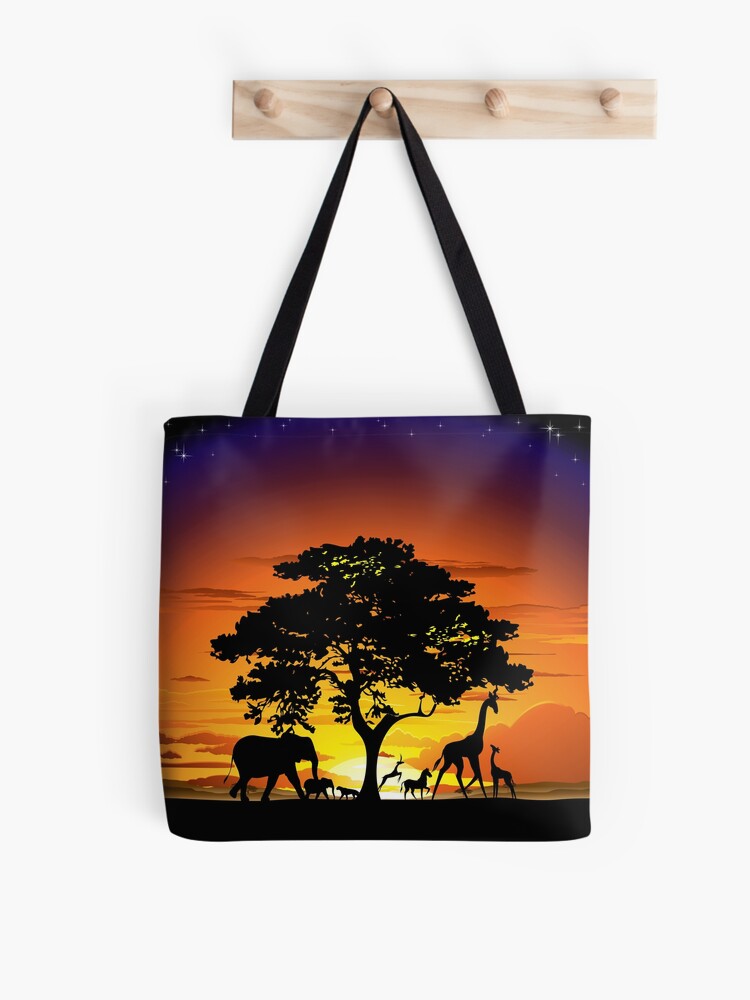 Thumbnail 1 of 2, Tote Bag, Wild Animals on African Savanna Sunset designed and sold by BluedarkArt.