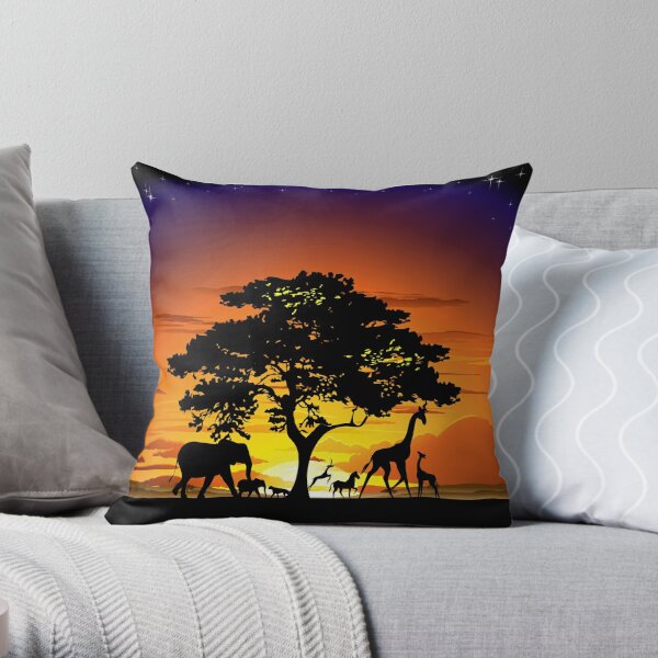 Wild Animals on African Savanna Sunset  Throw Pillow