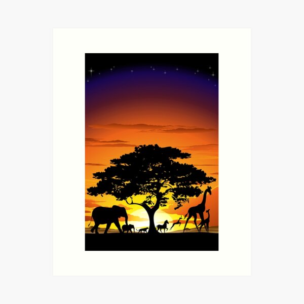 Wild Animals on African Savanna Sunset Art Print