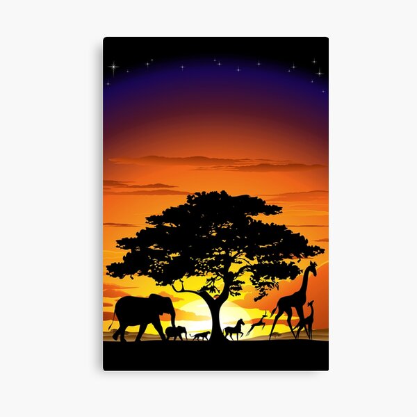 Wild Animals on African Savanna Sunset Canvas Print