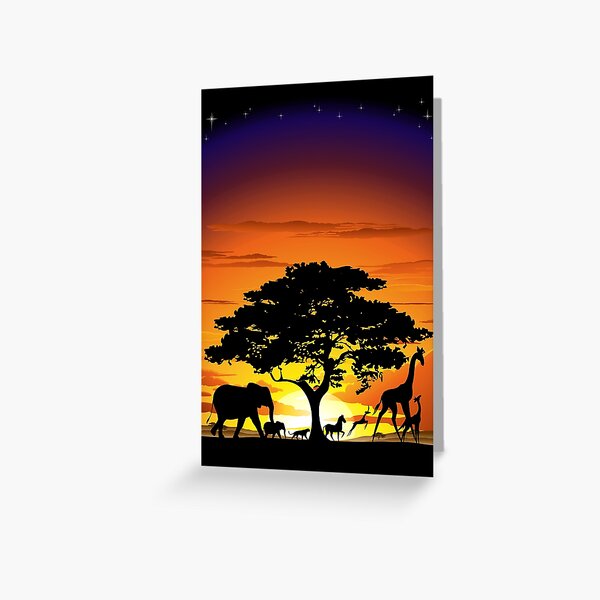 Wild Animals on African Savanna Sunset  Greeting Card