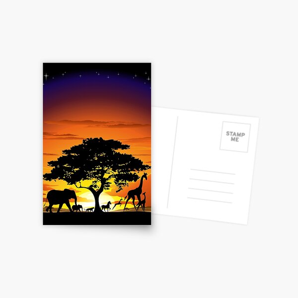 Wild Animals on African Savanna Sunset Postcard
