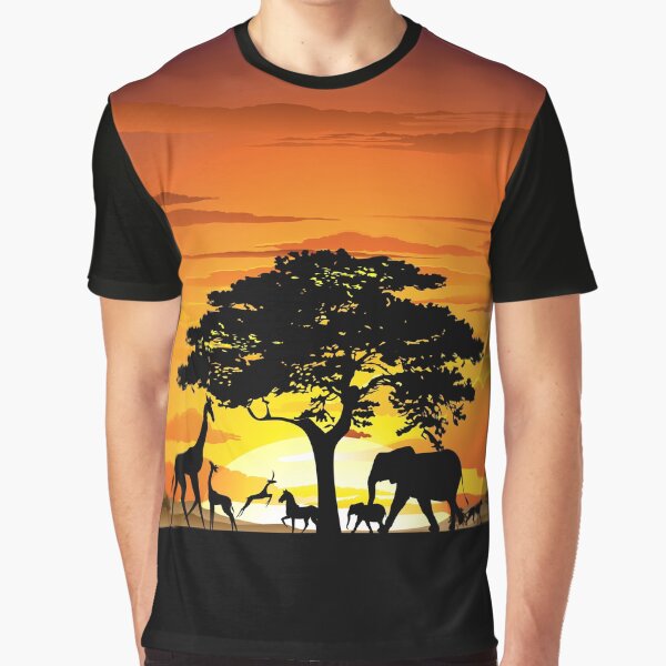 Wild Animals on African Savanna Sunset Graphic T-Shirt