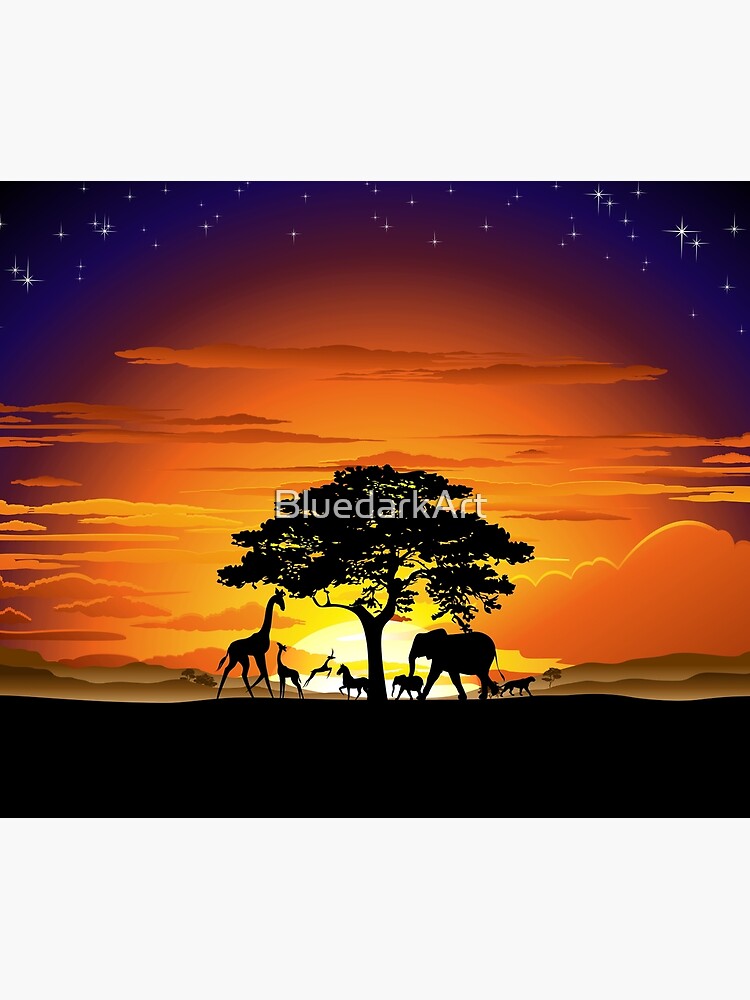 Wild Animals on African Savanna Sunset by BluedarkArt
