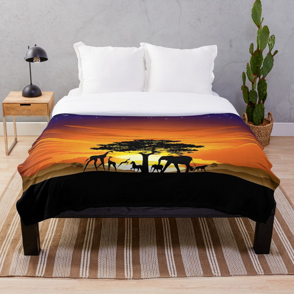 Wild Animals on African Savanna Sunset Throw Blanket