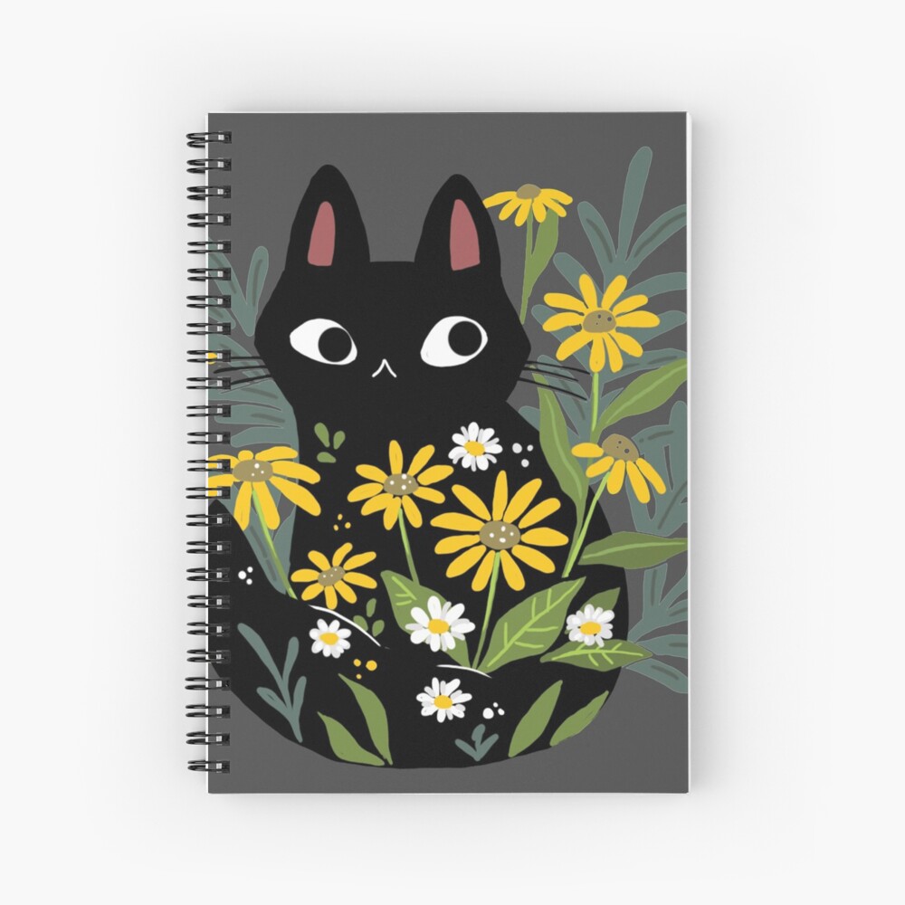 Black cat with flowers Spiral Notebook