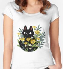 Schwarze Katze mit Blumen Tailliertes Rundhals-Shirt