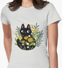 Black cat with flowers Women's Fitted T-Shirt
