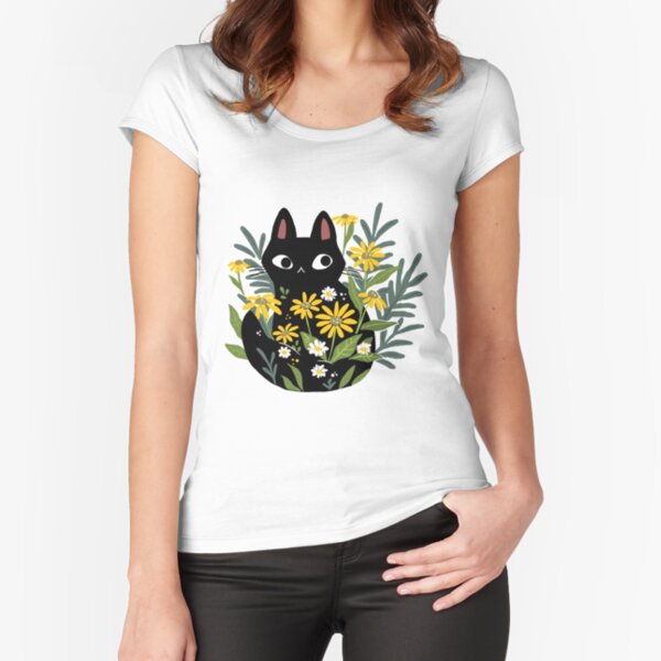 Black cat with flowers Fitted Scoop T-Shirt