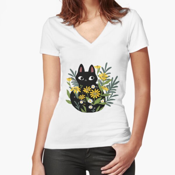 Black cat with flowers Fitted V-Neck T-Shirt