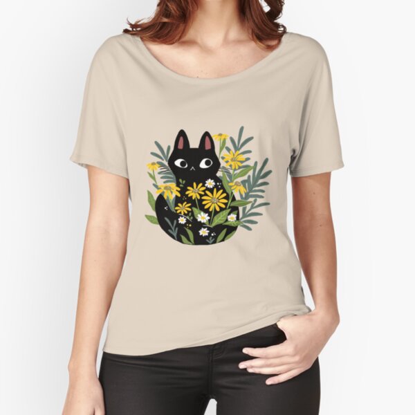 Black cat with flowers Relaxed Fit T-Shirt
