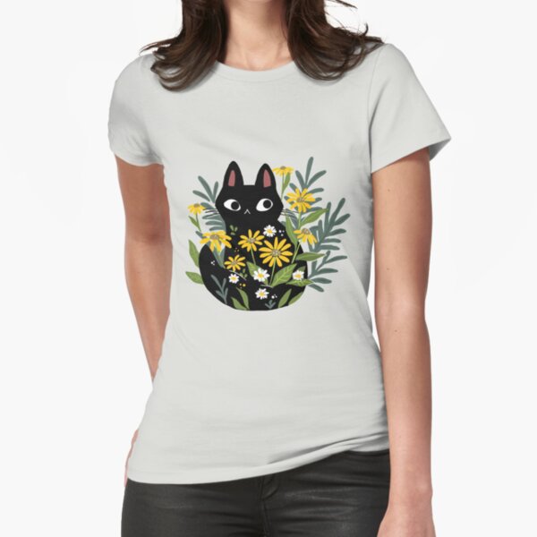 Black cat with flowers Fitted T-Shirt