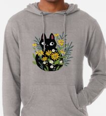 Schwarze Katze mit Blumen Leichter Hoodie