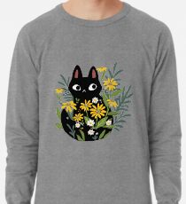 Schwarze Katze mit Blumen Leichtes Sweatshirt