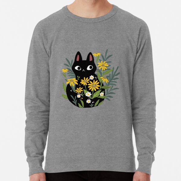 Black cat with flowers  Lightweight Sweatshirt