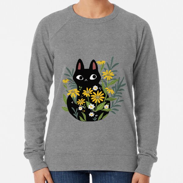 Schwarze Katze mit Blumen Leichter Pullover