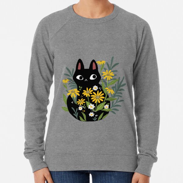 Chat noir avec des fleurs Sweatshirt léger