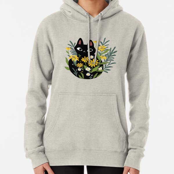 Black cat with flowers Pullover Hoodie