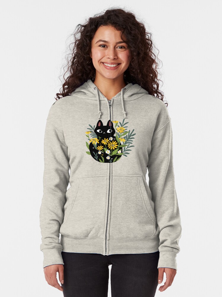 Alternate view of Black cat with flowers Zipped Hoodie