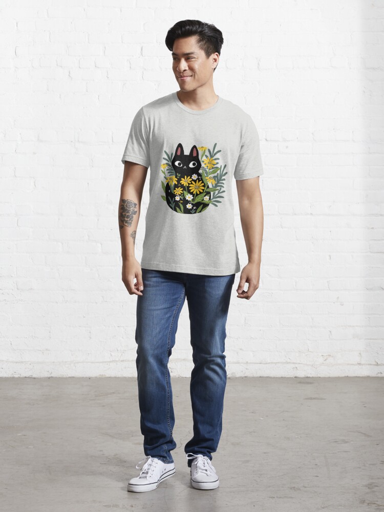 Alternate view of Black cat with flowers  Essential T-Shirt