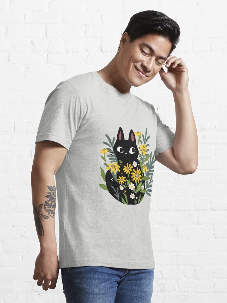 Alternate view of Black cat with flowers  Essential T-Shirt