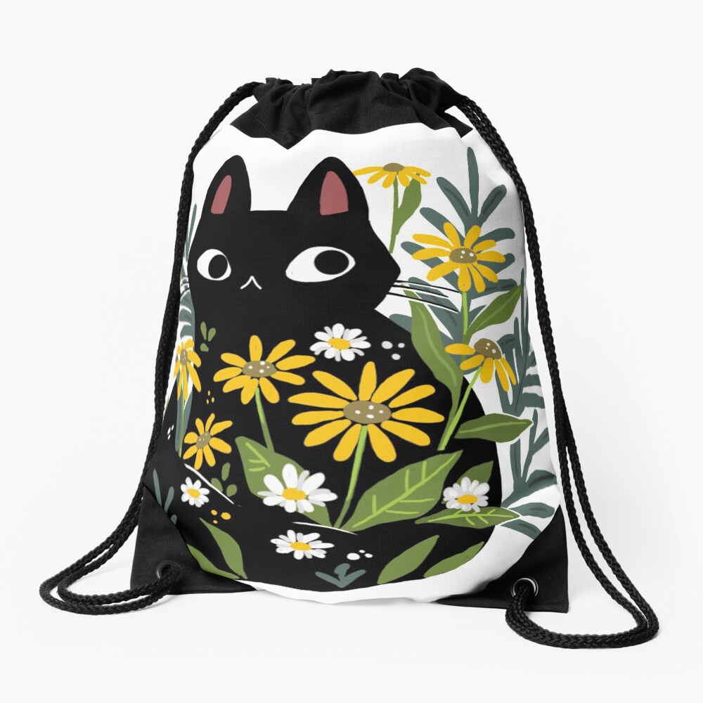 Black cat with flowers Drawstring Bag