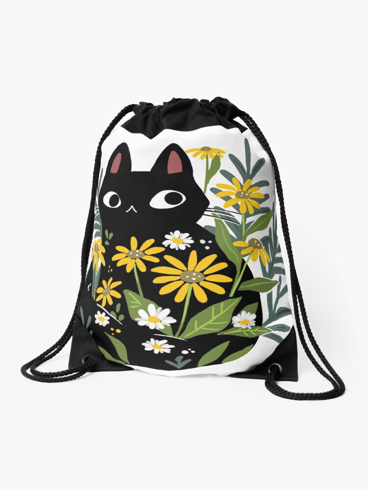 Thumbnail 1 of 3, Drawstring Bag, Black cat with flowers designed and sold by michelledraws.