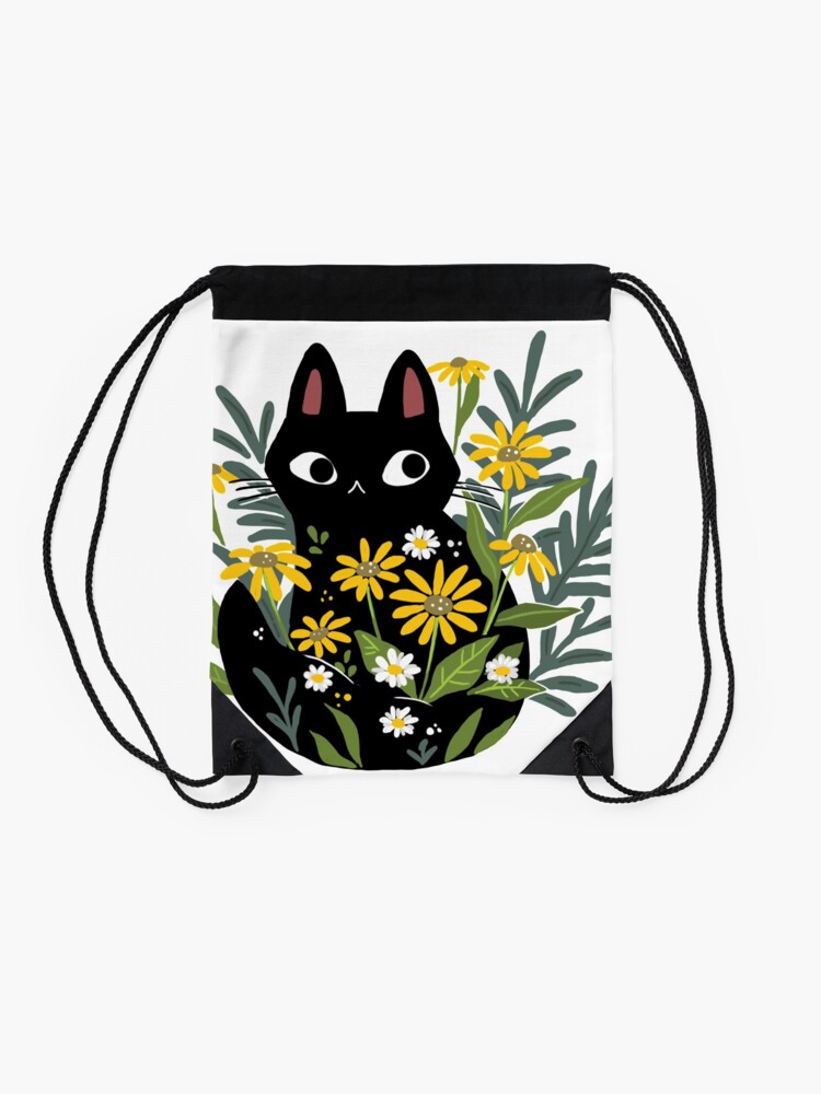 Alternate view of Black cat with flowers Drawstring Bag