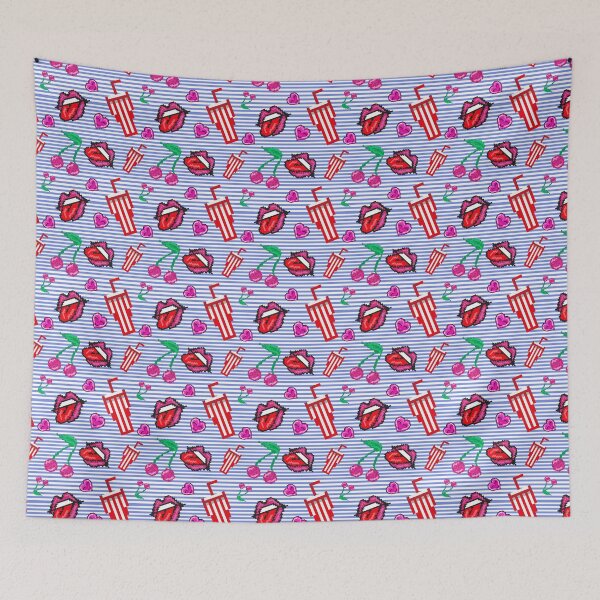 Item preview, Cute seamless pattern with lips, cherry, milkshake and heart at marine stripes background designed and sold by MilaOkie.