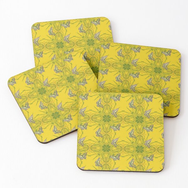 Item preview, Butterfly and grasses, drawn geometric repeating pattern, yellow background - WelshDesigns designed and sold by welshdesigns.