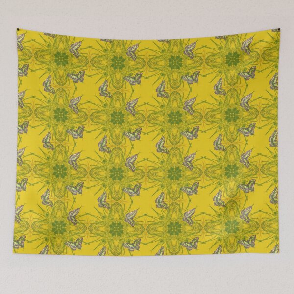 Item preview, Butterfly and grasses, drawn geometric repeating pattern, yellow background - WelshDesigns designed and sold by welshdesigns.