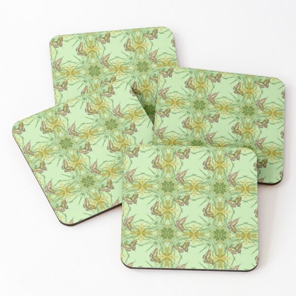 Item preview, Butterfly and grasses, drawn geometric repeating pattern, lime green background - WelshDesigns designed and sold by welshdesigns.