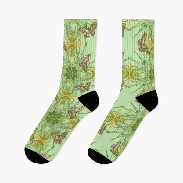 Item preview, Butterfly and grasses, drawn geometric repeating pattern, lime green background - WelshDesigns designed and sold by welshdesigns.