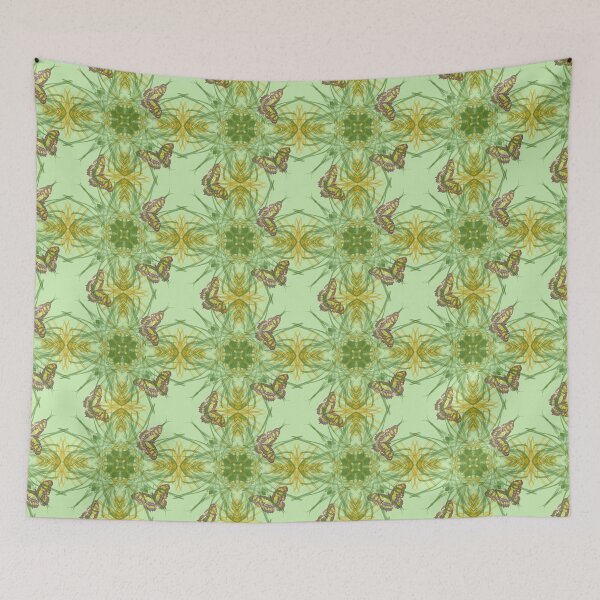 Item preview, Butterfly and grasses, drawn geometric repeating pattern, lime green background - WelshDesigns designed and sold by welshdesigns.