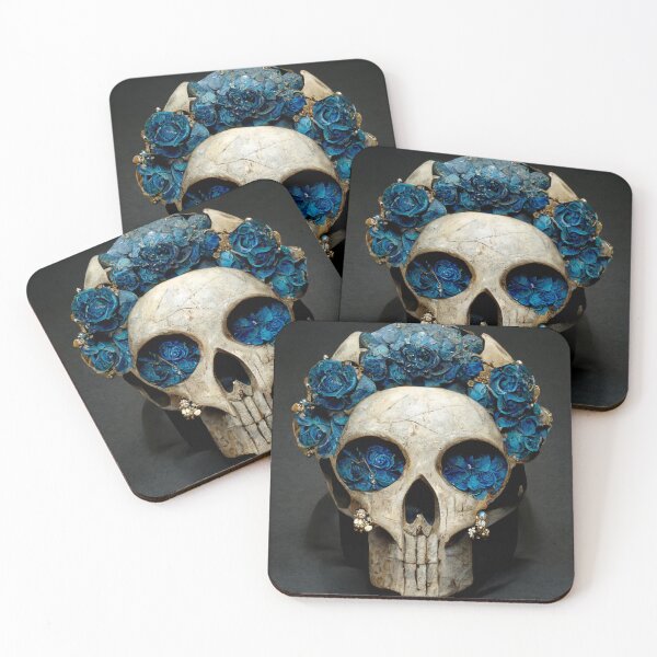 Item preview, Cyberpunk gothic skull with beautiful blue, gold roses - V2 designed and sold by DarkDesign69.