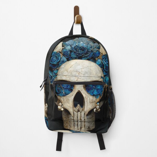 Artikelvorschau, Cyberpunk-Gothic-Totenkopf mit schönen blauen, goldenen Rosen - V2 entworfen und verkauft von DarkDesign69.