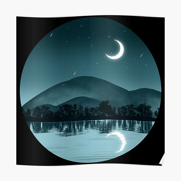 Forested Blue Mountain and Lake At Night Print Poster