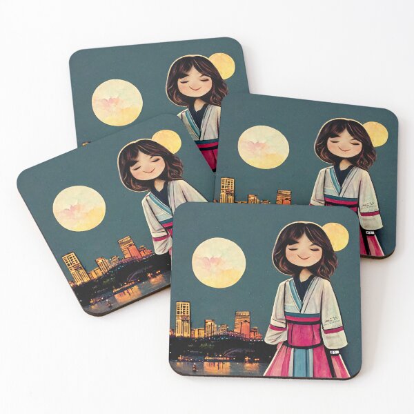 Item preview, Cute Japanese Girl wearing a Hanbok at Night with Double Moons - Cut Out Style designed and sold by SingularityGeek.