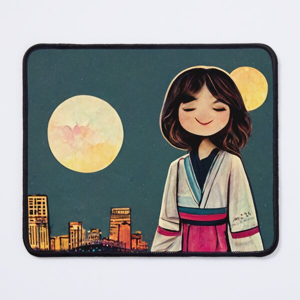 Item preview, Cute Japanese Girl wearing a Hanbok at Night with Double Moons - Cut Out Style designed and sold by SingularityGeek.